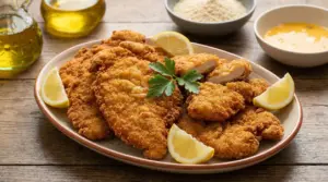 Filetti di carne impanati e fritti serviti con spicchi di limone su un piatto di ceramica
