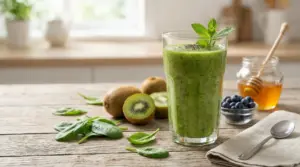 Frullato verde in un bicchiere con kiwi, spinaci e miele su un tavolo di legno
