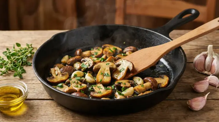 Funghi trifolati in padella con aglio, prezzemolo e olio d'oliva su tavolo rustico