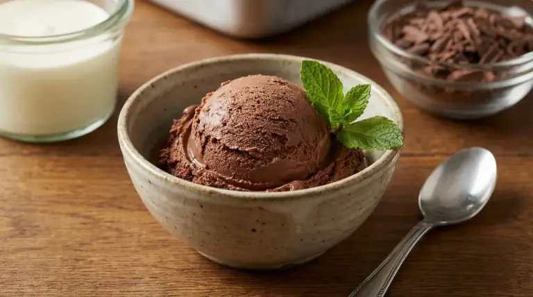 Coppa di gelato al cioccolato fatta in casa, decorata con foglie di menta