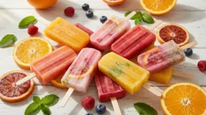 Ghiaccioli colorati fatti in casa disposti su un tavolo con frutta fresca