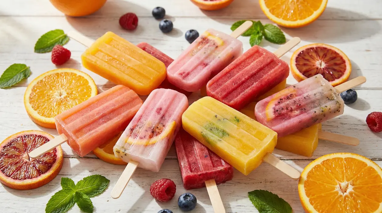 Ghiaccioli colorati fatti in casa disposti su un tavolo con frutta fresca