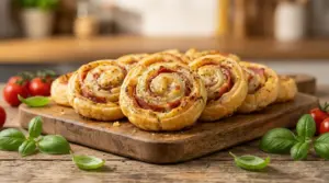 Girelle di pasta sfoglia salate con prosciutto su tagliere di legno, decorato con basilico e pomodorini