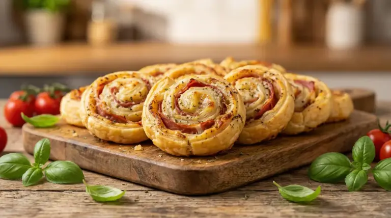 Girelle di pasta sfoglia salate con prosciutto su tagliere di legno, decorato con basilico e pomodorini