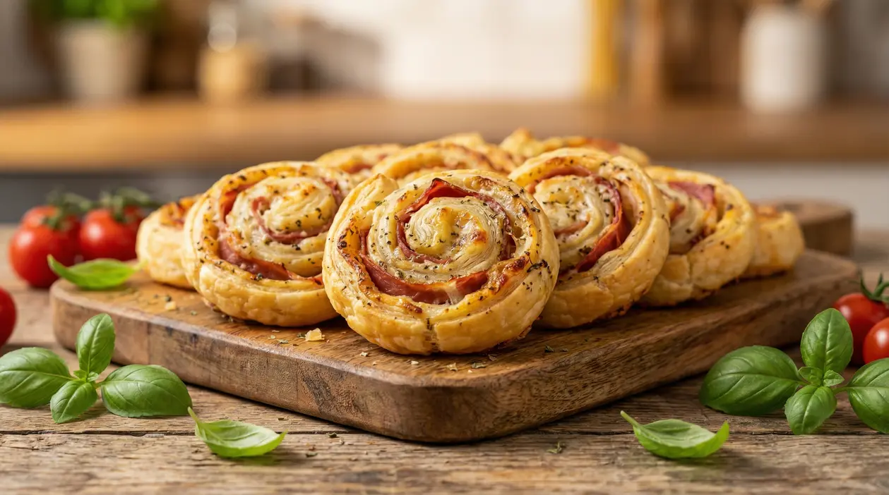 Girelle di pasta sfoglia salate con prosciutto su tagliere di legno, decorato con basilico e pomodorini