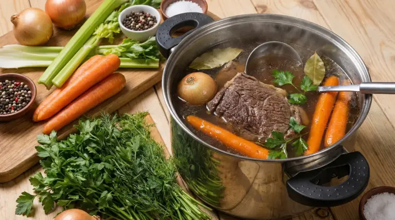 Pentola di brodo di carne con verdure fresche su un tavolo di legno