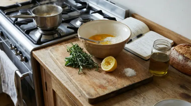 Ingredienti e utensili su un piano da cucina pronti per cucinare