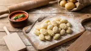 Gnocchi di patate fatti in casa su un tagliere infarinato con salsa di pomodoro accanto