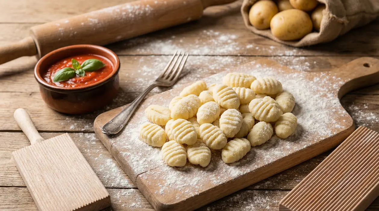 Gnocchi di patate fatti in casa su un tagliere infarinato con salsa di pomodoro accanto
