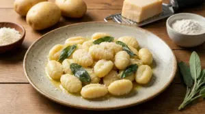 Piatto di gnocchi di patate con burro, salvia e parmigiano grattugiato