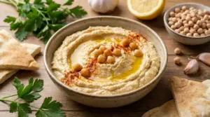 Ciotola di hummus guarnita con ceci, paprika e olio d'oliva, accompagnata da pita e ingredienti freschi