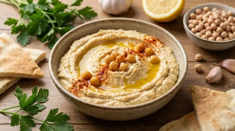 Ciotola di hummus guarnita con ceci, paprika e olio d'oliva, accompagnata da pita e ingredienti freschi