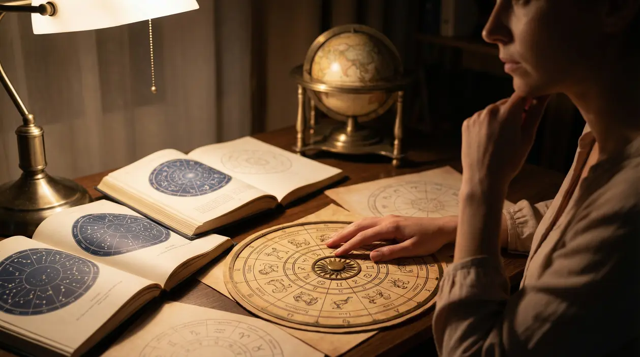 Persona che osserva una mappa zodiacale su un tavolo con libri di astrologia