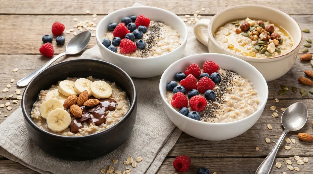 Ciotole di porridge con frutta fresca, frutta secca e semi su un tavolo di legno