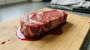 Bistecca cruda appoggiata su un tagliere con liquido rosso attorno