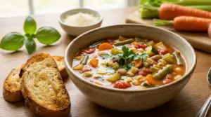 Ciotola di minestrone con verdure fresche e pane tostato su un tavolo in legno