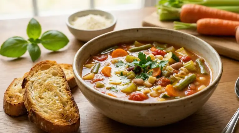 Ciotola di minestrone con verdure fresche e pane tostato su un tavolo in legno