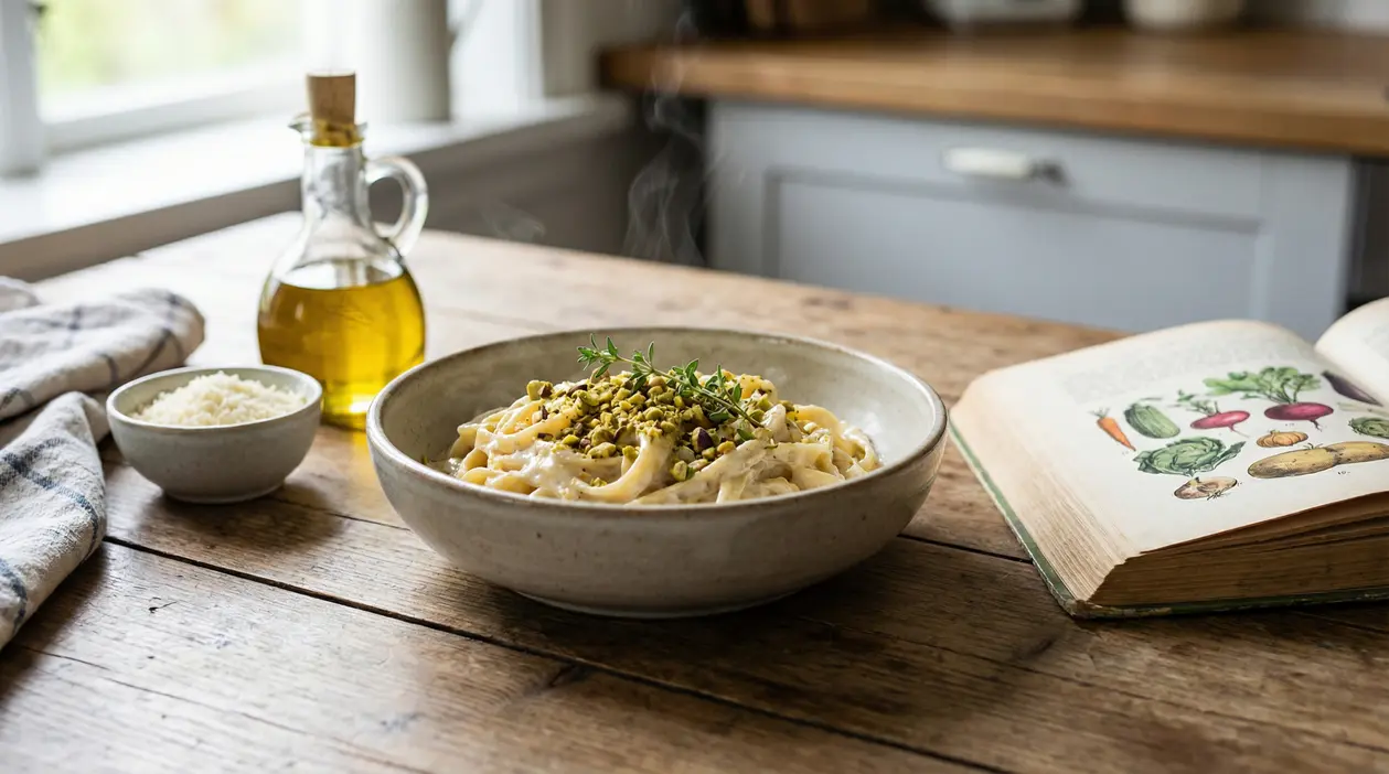 Un piatto di pasta cremosa con pistacchi su tavolo rustico accanto a un libro di cucina e olio d’oliva.