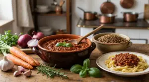 Ragù vegetale con lenticchie in ciotola di terracotta, pasta condita e ingredienti freschi su tavolo rustico