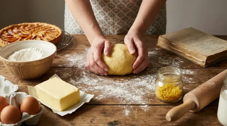 Una persona impasta la pasta frolla su un tavolo con ingredienti e utensili da cucina