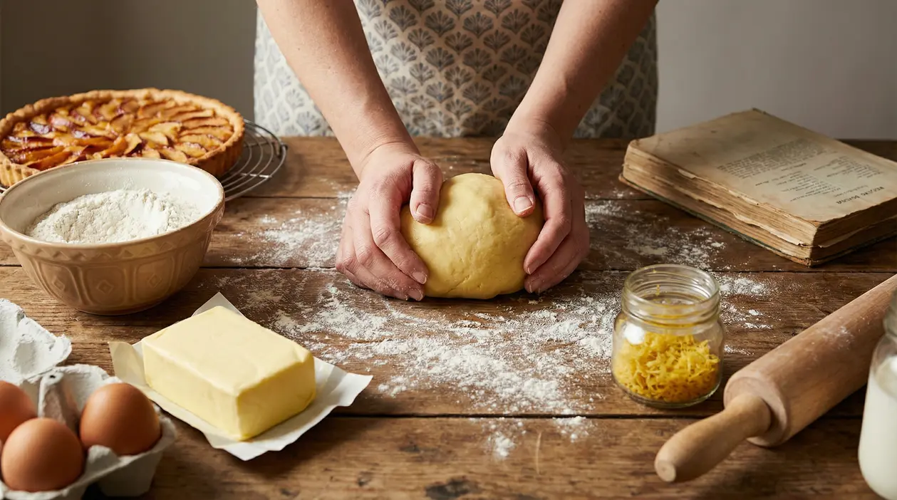 Una persona impasta la pasta frolla su un tavolo con ingredienti e utensili da cucina