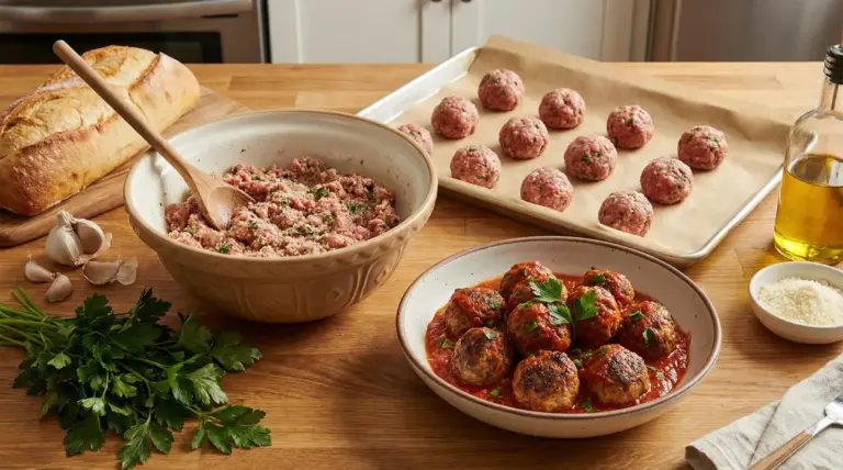 Polpette fatte in casa in diverse fasi di preparazione su un piano cucina