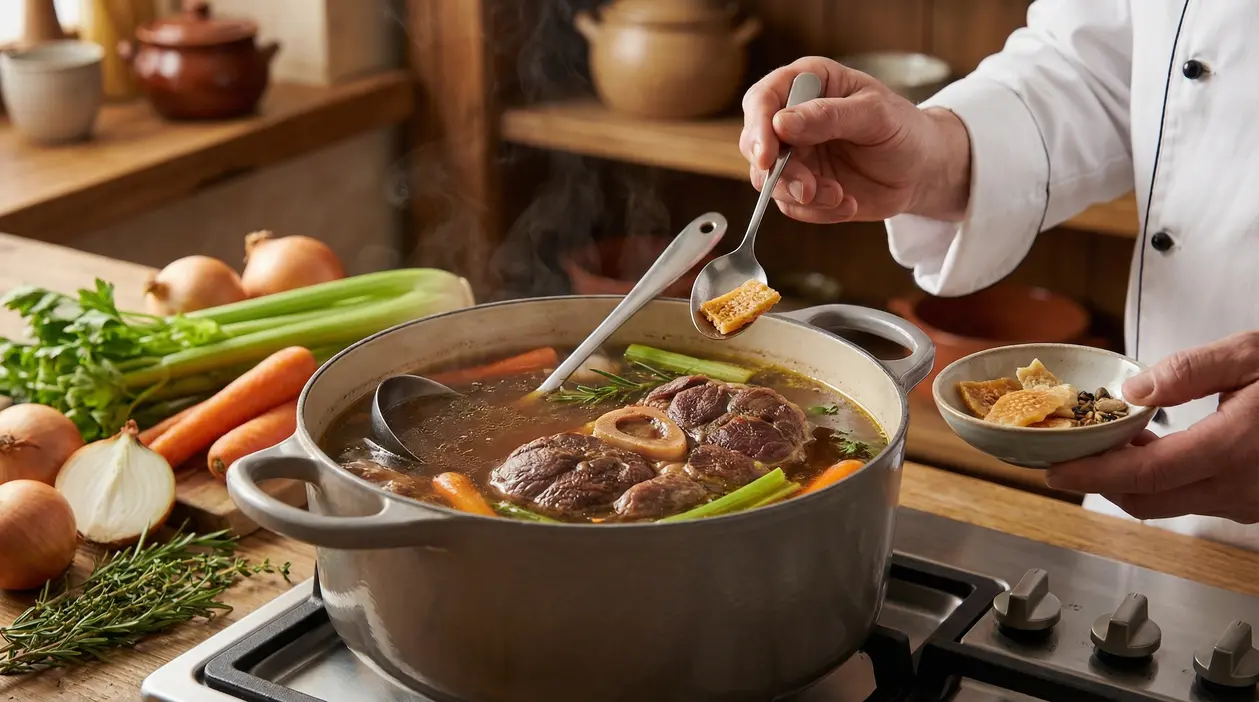 Mano di cuoco aggiunge un ingrediente segreto in una pentola di brodo di carne con ossobuco e verdure