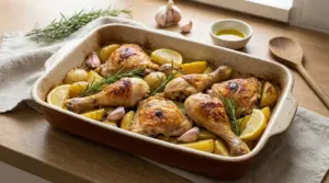 Cosce di pollo al forno con patate, limone, aglio e rosmarino in una pirofila su un tavolo di legno