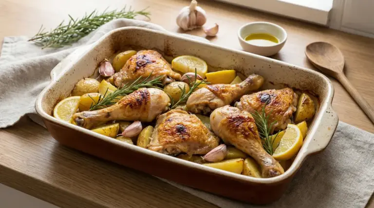Cosce di pollo al forno con patate, limone, aglio e rosmarino in una pirofila su un tavolo di legno
