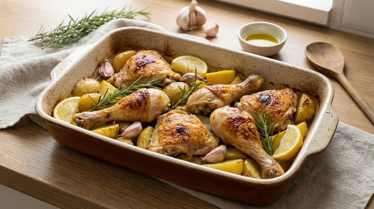 Cosce di pollo al forno con patate, limone, aglio e rosmarino in una pirofila su un tavolo di legno