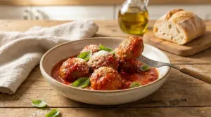 Polpette al sugo in un piatto di ceramica con basilico fresco e parmigiano