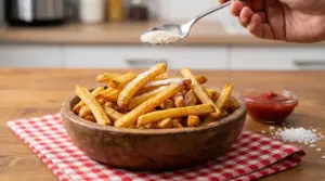 Patatine fritte in una ciotola di legno con una mano che aggiunge un ingrediente in polvere