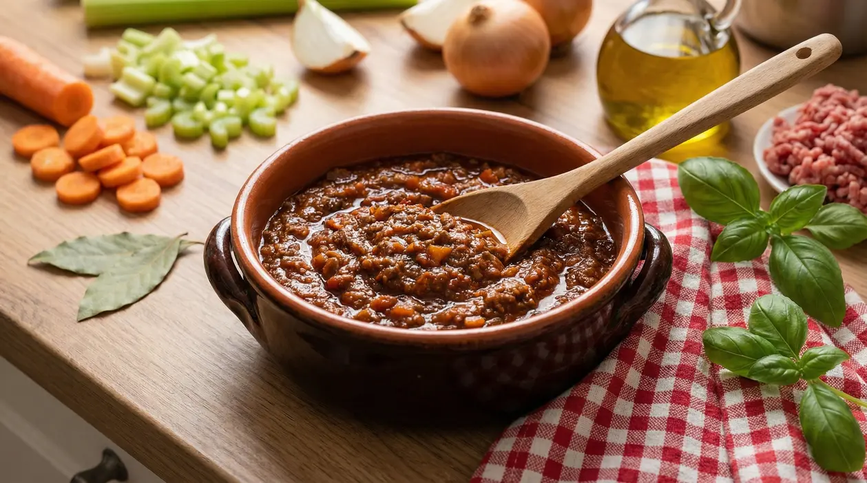 Ragù in una ciotola di terracotta con cucchiaio di legno, circondato da ingredienti freschi