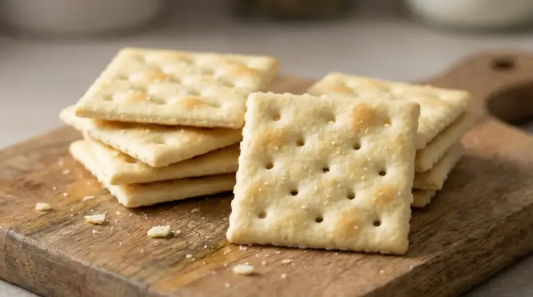 Cracker quadrati con fori sulla superficie disposti su un tagliere di legno