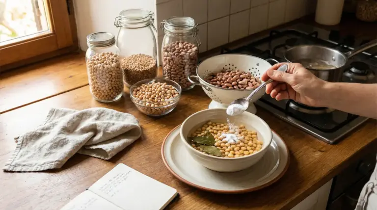 Una persona aggiunge bicarbonato a una ciotola di legumi in ammollo su un piano cucina
