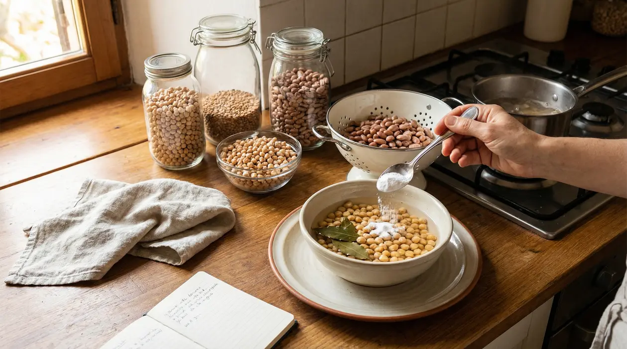 Una persona aggiunge bicarbonato a una ciotola di legumi in ammollo su un piano cucina