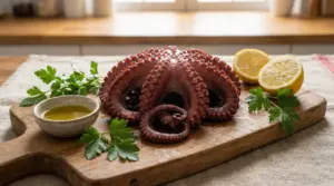 Polpo cotto su tagliere con prezzemolo, limone e ciotolina di olio d'oliva