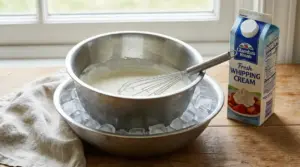 Ciotola di panna da montare con frusta, immersa in ghiaccio accanto a una confezione di panna fresca