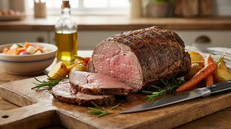 Arrosto di manzo succoso tagliato a fette su tagliere di legno con contorno di verdure