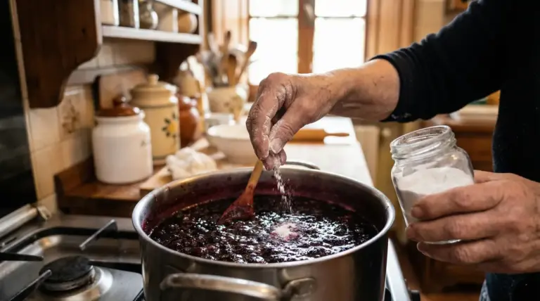 Una persona aggiunge un ingrediente in polvere a una marmellata in cottura in una cucina rustica