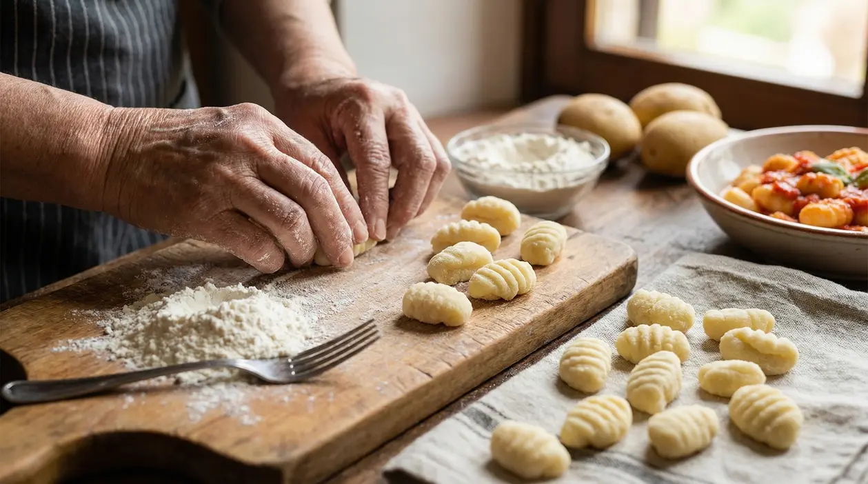 Mani che preparano gnocchi fatti in casa su un tavolo infarinato con patate e farina