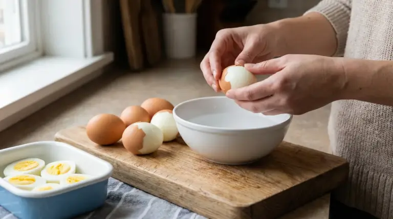 Persona che sguscia un uovo sodo sopra una ciotola su un piano da cucina