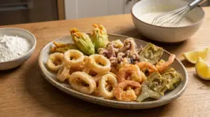 Piatto di frittura mista con calamari, gamberi, carciofi e fiori di zucca, accanto a farina e pastella.