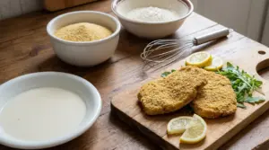 Cotolette impanate senza uova su tagliere con limone e rucola, accanto a ciotole di ingredienti.