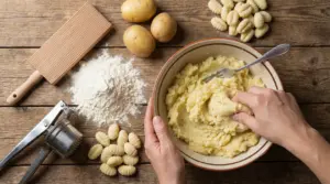 Mani che impastano patate schiacciate in una ciotola, con farina, gnocchi e utensili da cucina sul tavolo