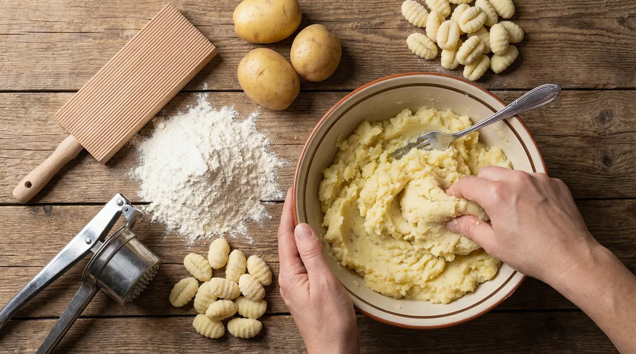 Mani che impastano patate schiacciate in una ciotola, con farina, gnocchi e utensili da cucina sul tavolo