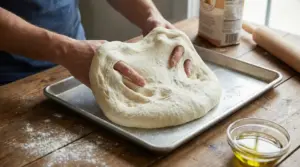 Una persona stende l'impasto della pizza su una teglia in cucina.
