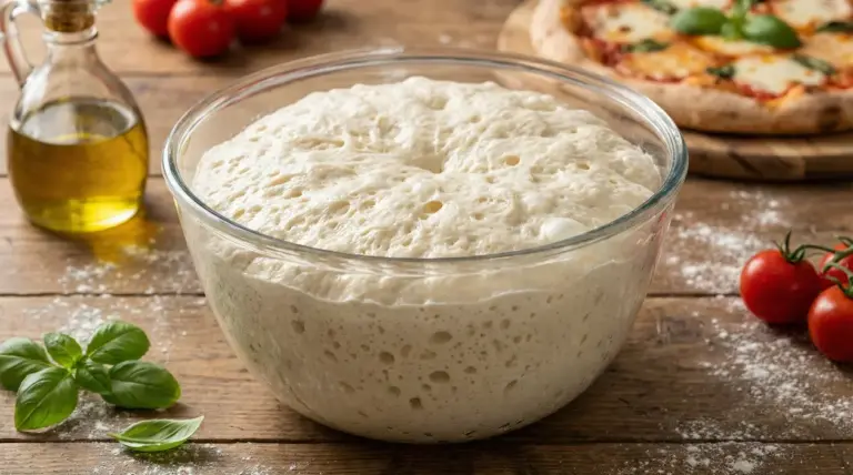 Impasto lievitato in una ciotola di vetro su un tavolo con ingredienti freschi per pizza