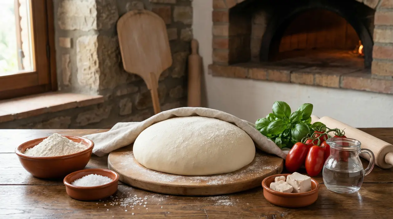 Impasto per pizza su tavolo rustico con ingredienti freschi e forno a legna sullo sfondo
