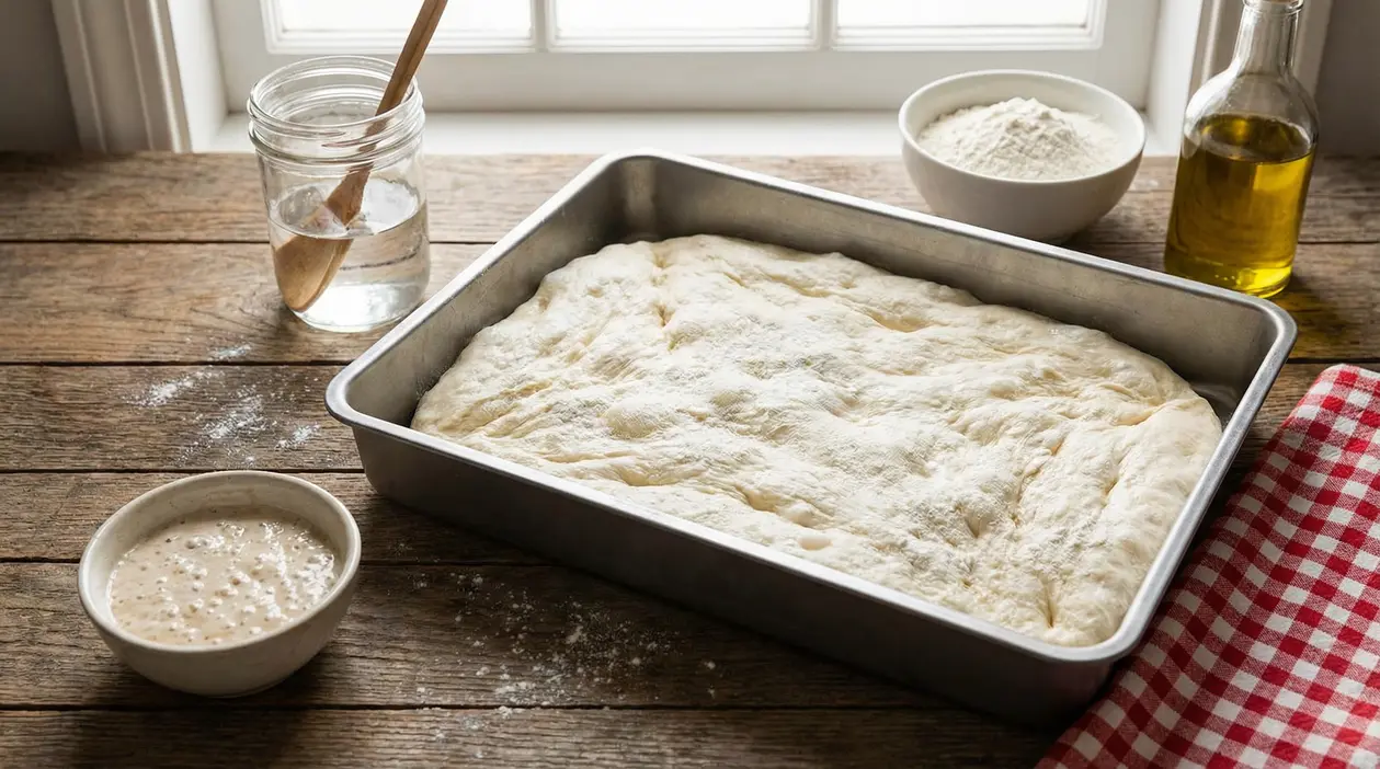 Impasto per pizza in teglia mentre lievita, con ingredienti sul tavolo